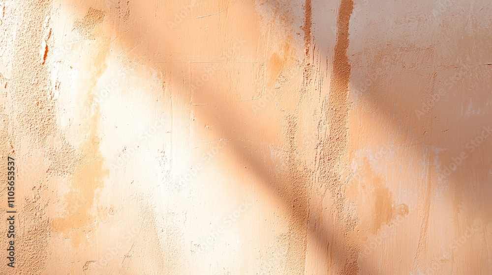 Fototapeta premium A textured wall with soft orange hues, featuring subtle drips and shadows, creating a warm, inviting atmosphere.