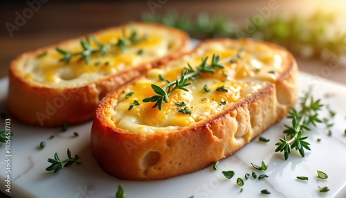 Close-up view of two slices of garlic bread topped with melted cheese, fresh herbs. Golden brown crusts contrast with creamy cheese filling. White marble surface with warm lighting. Culinary art,