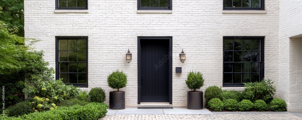 A modern home facade featuring a sleek black door, large windows, and neatly trimmed hedges, surrounded by lush greenery.