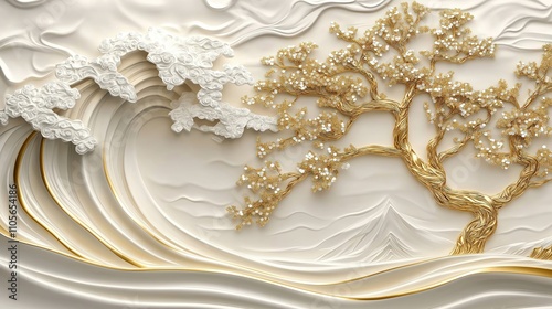 Decorative 3D mural wallpaper shows white waves, golden tree. Gold embellishments decorate tree branches. Background soft cream color. Design luxury style. Suitable for interior design. Wall