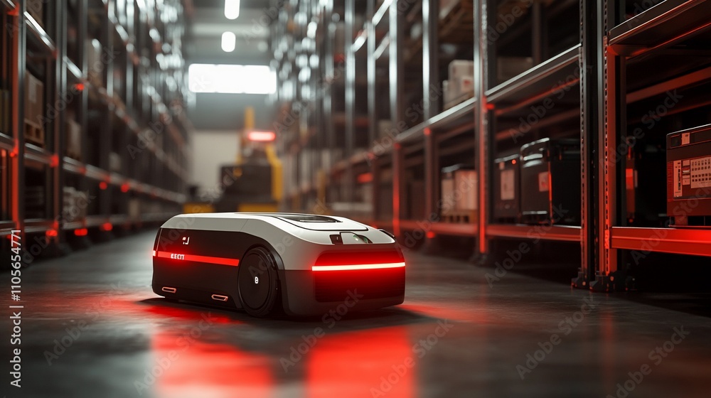 Automated guided vehicle navigating warehouse aisle. Automated guided vehicle navigating warehouse aisle.