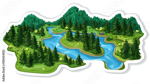 vector Cartoon vector landscape view map with green pine trees and blue river flowing through it. Sticker on white background. . Generative AI