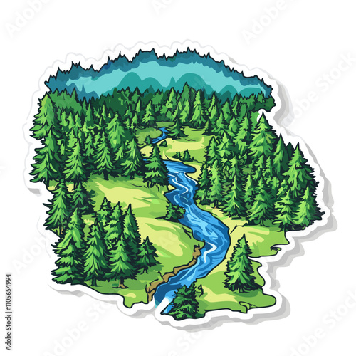 vector Cartoon vector landscape view map with green pine trees and blue river flowing through it. Sticker on white background. . Generative AI