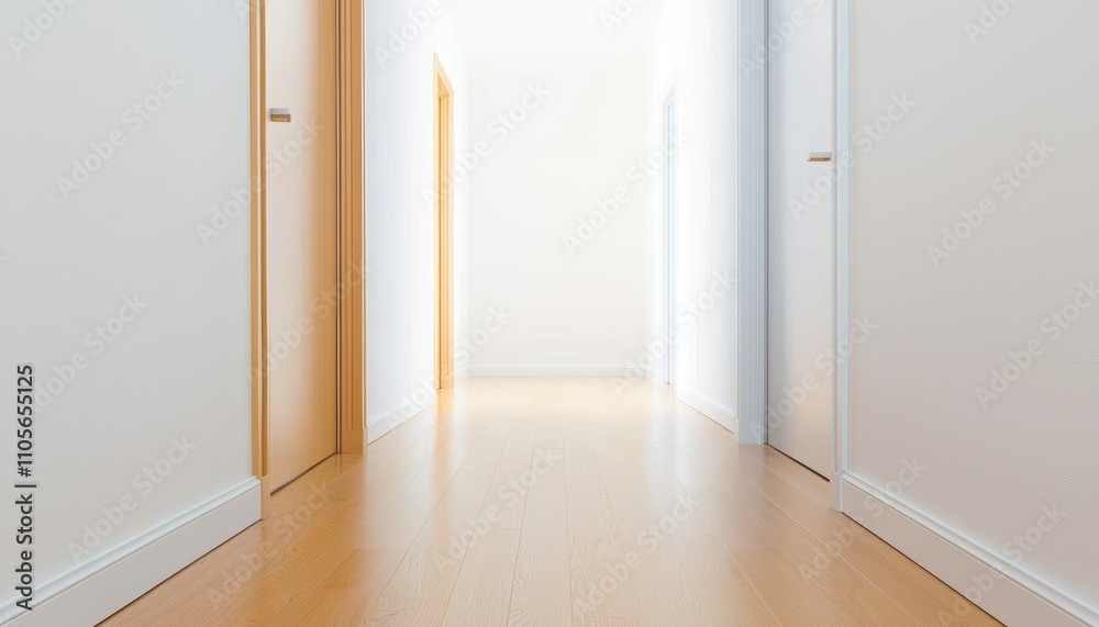 Fototapeta premium A bright and spacious hallway featuring wooden flooring and multiple doors leading to various rooms in a modern interior.
