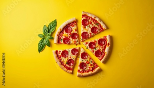 Wallpaper Mural Delicious Pepperoni Pizza on Vibrant Yellow Background with Leaf Torontodigital.ca