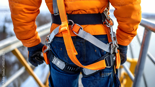 Worker Wearing Safety Harness on Platform