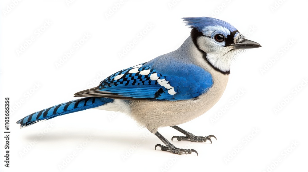 Obraz premium Stunning Close up Portrait of a Vibrant Blue Jay Bird on White Background
