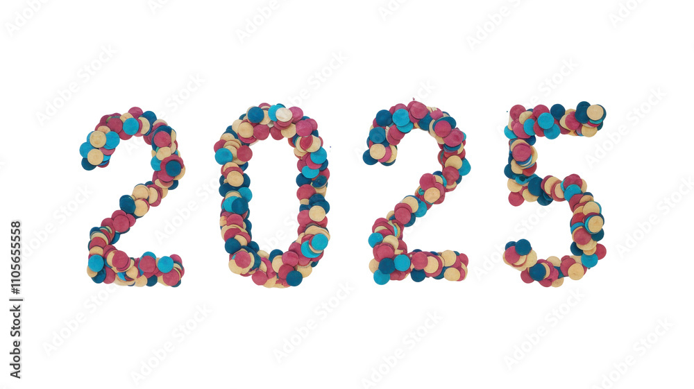 2025 written with colorful confetti on transparent background 2025 written with colorful confetti on transparent background