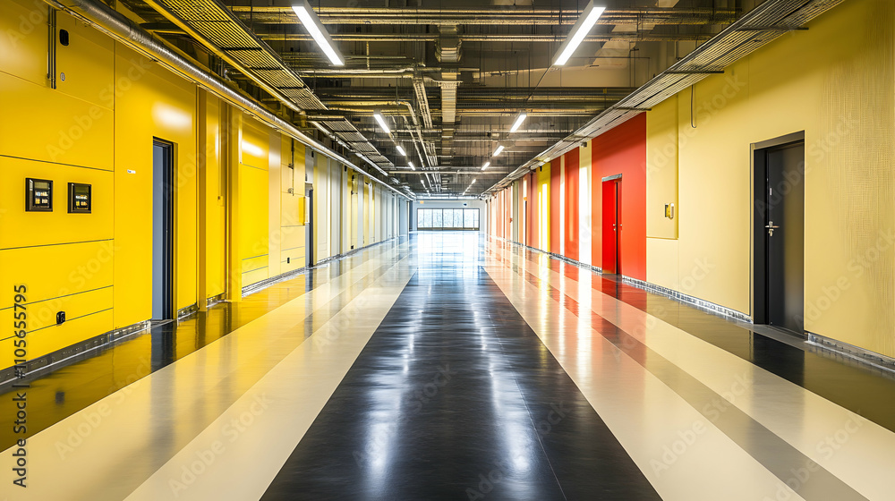Bright Corridor with Yellow and Red Walls