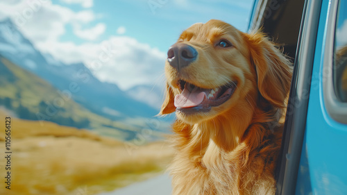 happy dog enjoying wind from outside car window