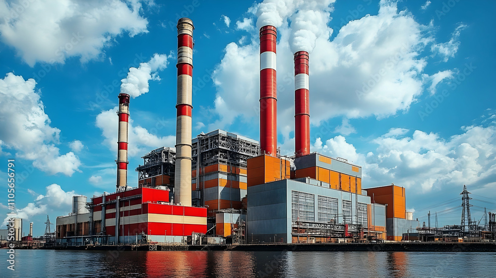 Obraz premium Industrial Power Plant with Tall Chimneys under Blue Sky