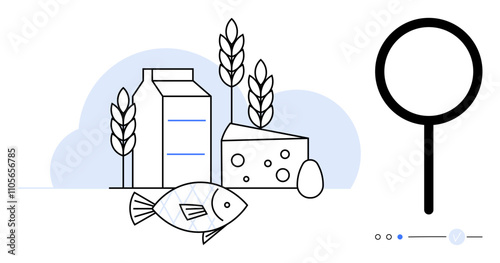Milk carton, wheat stalks, cheese wedge, fish, and egg next to large magnifying glass. Ideal for nutrition, diet planning, food safety, health education ingredient analysis healthy lifestyle