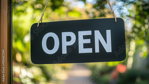 Close up of black hanging sign with white text saying OPEN, inviting customers