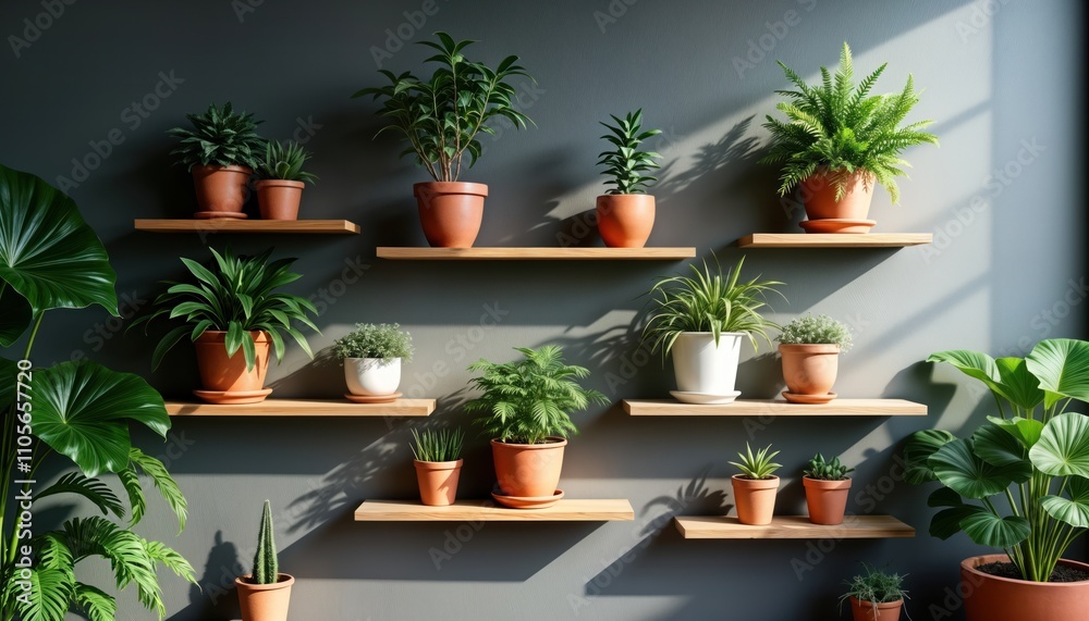 Wooden shelves hold various potted plants against gray wall. Potted plants in terracotta pots, white pots add natural touch to home interior. Different plant types create diverse display. Sunlight Wooden shelves hold various potted plants against gray wall. Potted plants in terracotta pots, white pots add natural touch to home interior. Different plant types create diverse display. Sunlight