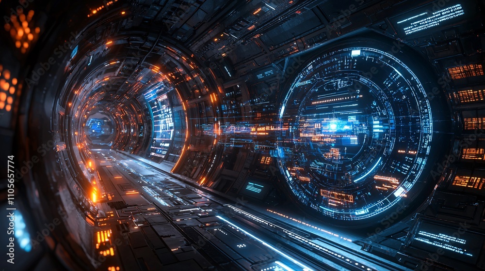 Fototapeta premium A futuristic holographic interface displaying real-time cybersecurity analytics Stock Photo with side copy space