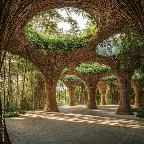 Bamboo Pavilion with Green Roof in Forest Setting photo