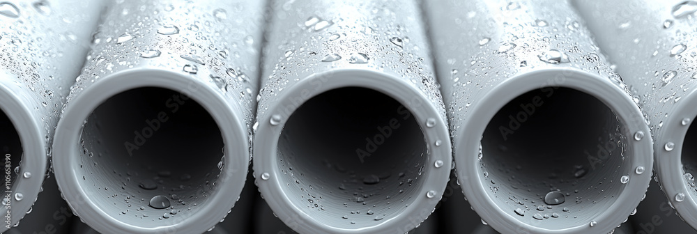 Close up of white sewer pipes with water droplets, showcasing texture and detail. image captures smooth surface and condensation, creating fresh and clean appearance Close up of white sewer pipes with water droplets, showcasing texture and detail. image captures smooth surface and condensation, creating fresh and clean appearance
