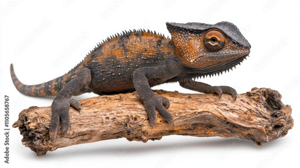 Obraz premium Colorful Chameleon Lizard Perched on Wooden Branch in Tropical Forest
