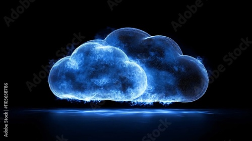 A sleek data center illuminated by glowing LED lights representing cloud computing and AI solutions Stock Photo with side copy space