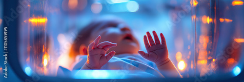 Baby in Incubator with Tiny Hands Reaching Up