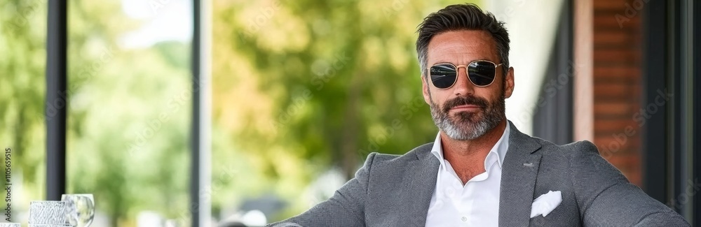 Man wearing a suit and sunglasses sits at a table with a glass of wine. He is enjoying his time and is relaxed Man wearing a suit and sunglasses sits at a table with a glass of wine. He is enjoying his time and is relaxed