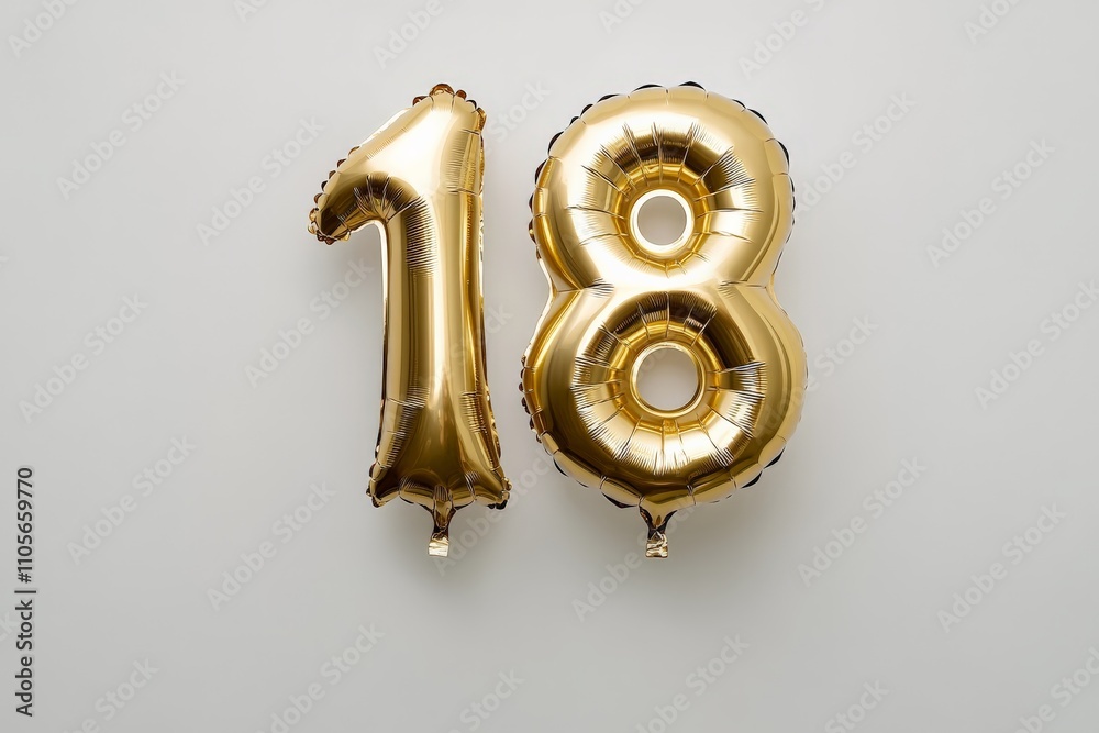 Two shiny balloons in the shapes of numbers one and eight, creating the number eighteen against a gray background, suitable for various milestone celebrations. Two shiny balloons in the shapes of numbers one and eight, creating the number eighteen against a gray background, suitable for various milestone celebrations.