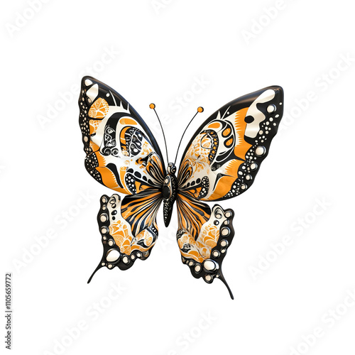 Ornate Black and Orange Butterfly with Intricate Wing Design on White Background