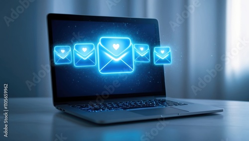 Blue Glowing Email Icons on Laptop Display