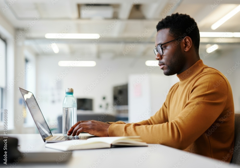 African male young adult working on laptop in modern office environment African male young adult working on laptop in modern office environment