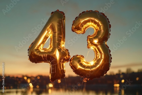 A golden balloon shaped like the number 43 floats against a backdrop of an evening sky with city lights in the distance, evoking celebration and joy. photo