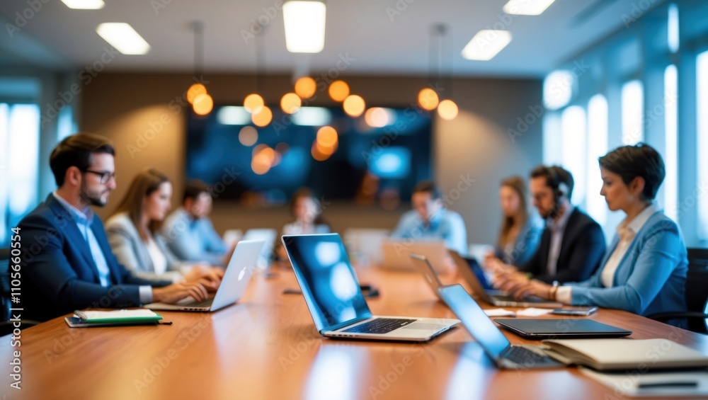 Modern Office Meeting Room with Laptops and Attendees