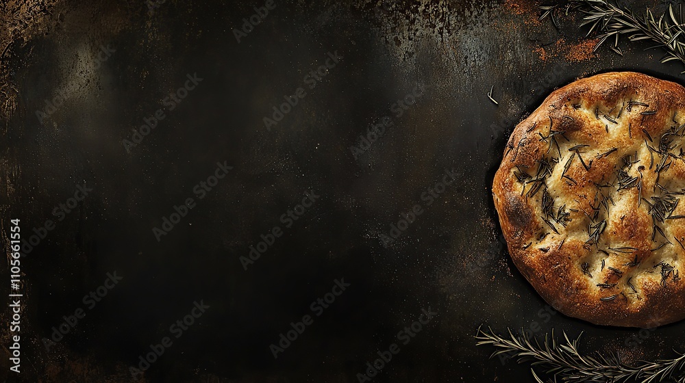 Flat lay of rustic Italian focaccia bread with rosemary sprigs on a dark background, copy space. Flat lay of rustic Italian focaccia bread with rosemary sprigs on a dark background, copy space.