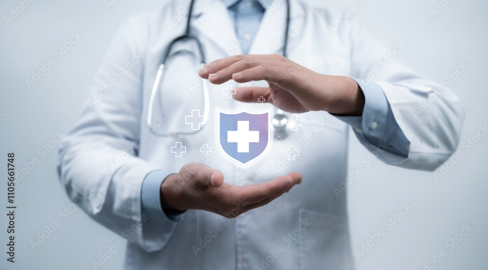 A healthcare professional presents a glowing shield icon, symbolizing advanced medical security, patient data protection, and innovative health solutions in the digital era A healthcare professional presents a glowing shield icon, symbolizing advanced medical security, patient data protection, and innovative health solutions in the digital era