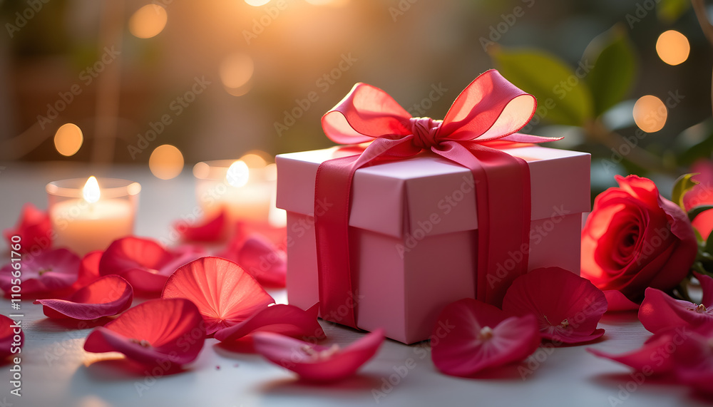 Celebrating Women's Day, an elegant gift box tied with a satin ribbon, stands on a table surrounded by scattered rose petals Celebrating Women's Day, an elegant gift box tied with a satin ribbon, stands on a table surrounded by scattered rose petals