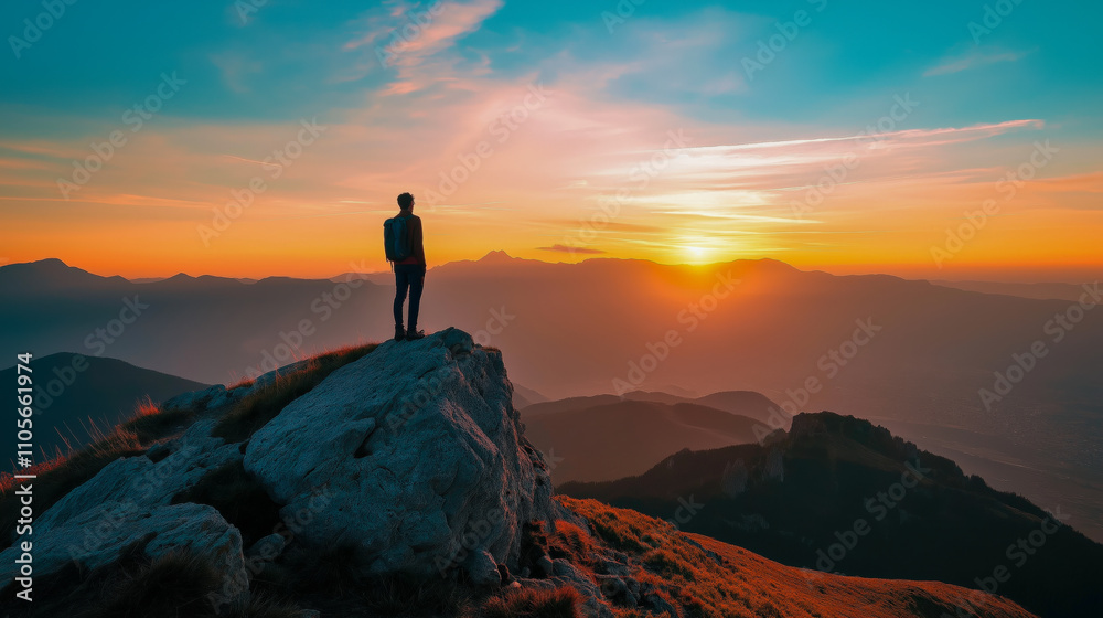 Horizon glows as a solitary hiker stands atop a rugged peak, embracing the breathtaking sunset over undulating mountains in a moment of serene adventure.