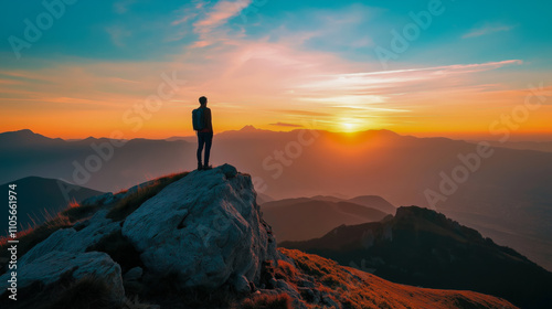 Horizon glows as a solitary hiker stands atop a rugged peak, embracing the breathtaking sunset over undulating mountains in a moment of serene adventure. photo