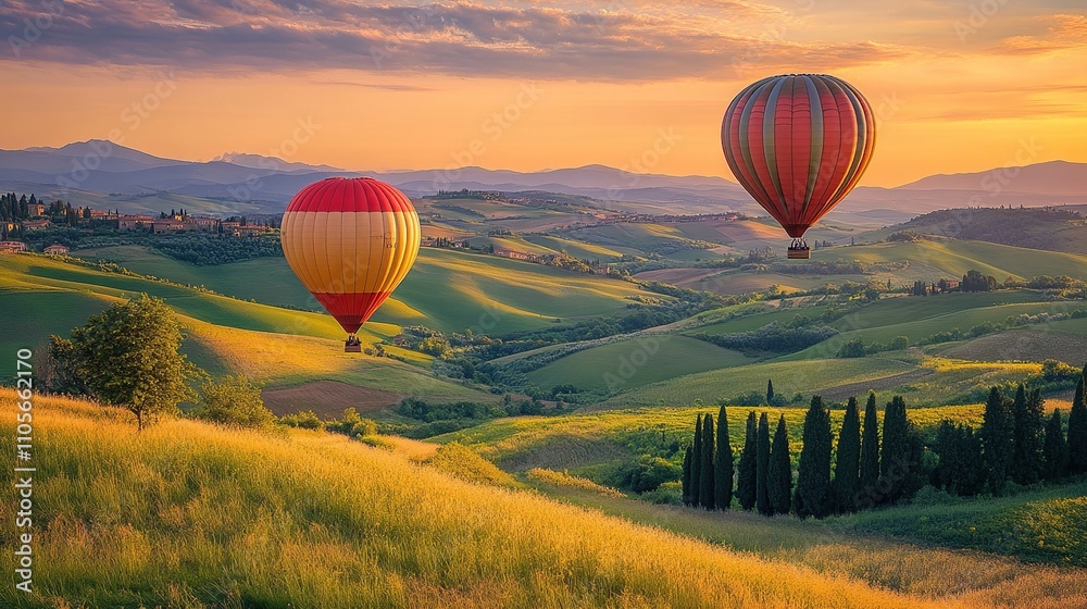 Obraz premium Hot air balloons float over a picturesque landscape during sunset.
