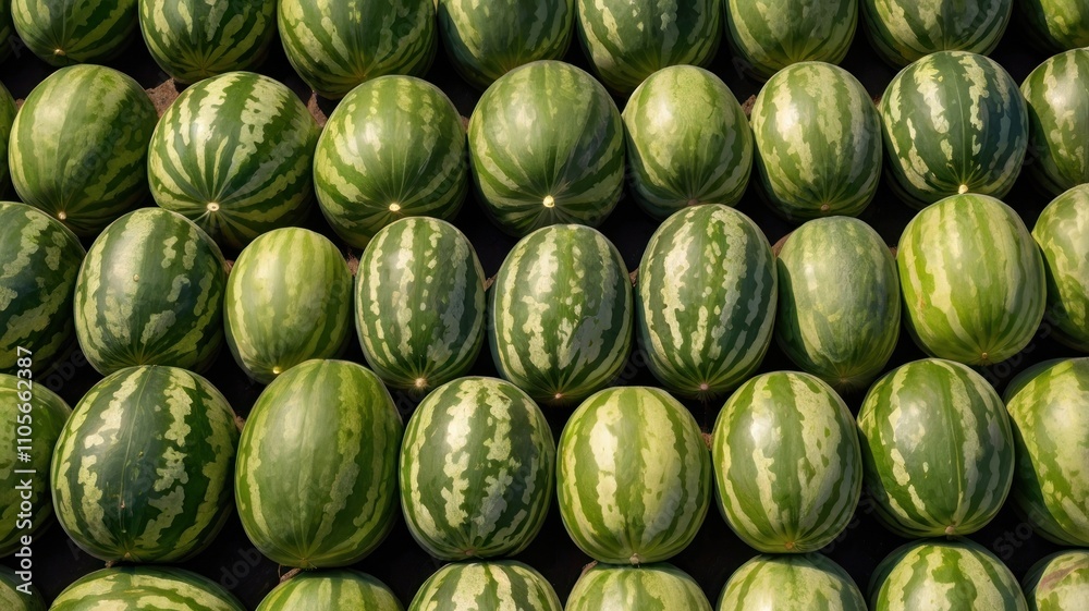 Here's a description and keywords for your image.. Rows of fresh green watermelons arranged neatly. Here's a description and keywords for your image.. Rows of fresh green watermelons arranged neatly.