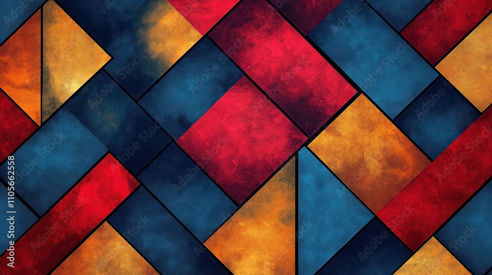 Fototapeta premium Abstract geometric pattern. Red blue, yellow textured tiles. Interlocking shapes create visual design. Intricate geometric pattern. Colorful tile pattern. Modern design. Modern geometric shapes.