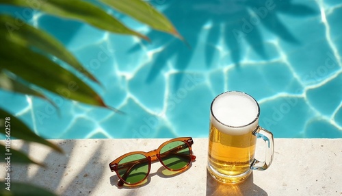 Refreshing Beer and Sunglasses by a Sparkling Blue Pool