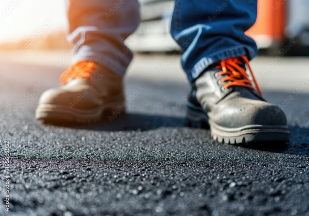 Close-up of sturdy work boots on asphalt with bright orange laces