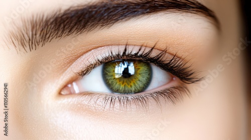 A close-up of a striking green eye showcases detailed eyelashes and skin texture, ideal for beauty, skincare, or vision-related projects, emphasizing eye health or makeup products,