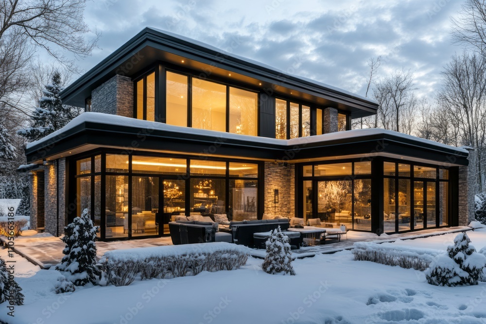 Modern Luxury Home Winter Evening Illumination Modern Luxury Home Winter Evening Illumination