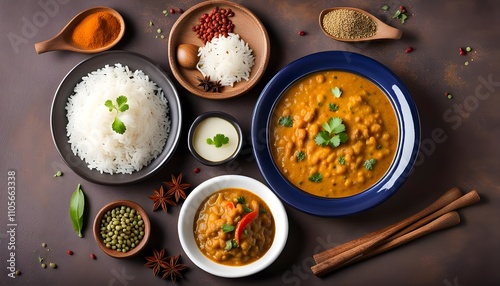 Dal tarka with plain rice served in a dish isolated on table top view of indian spices food
 photo