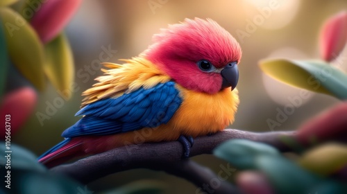 A vibrant parrot perches on a branch surrounded by lush leaves, showcasing a stunning display of color, This image is ideal for nature-themed projects, educational materials photo