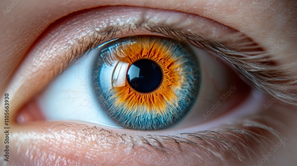 Fototapeta premium Close-up of a captivating human eye with vibrant blue and orange hues, showcasing intricate details of the iris and eyelashes, Ideal for use in medical articles, beauty products