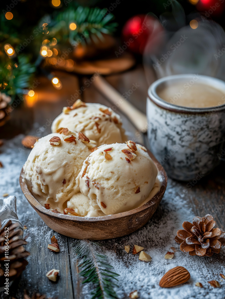 Eggnog Ice Cream Scoops Styled with Toasted Almonds and Caramel Set on a Nordic Wooden Table with Subtle Christmas Decorations for Holiday Marketing Eggnog Ice Cream Scoops Styled with Toasted Almonds and Caramel Set on a Nordic Wooden Table with Subtle Christmas Decorations for Holiday Marketing