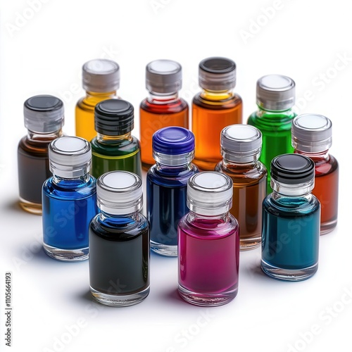 Assorted fountain pen inks in colorful bottles, elegantly arranged, isolated on white background photo