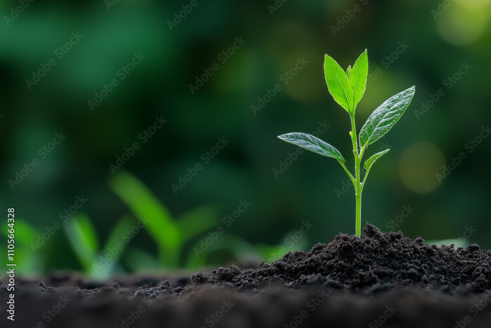 Fototapeta premium Plant growth in ground. Concept of business growth or fertilization in agriculture and gardening. Copyspace for text
