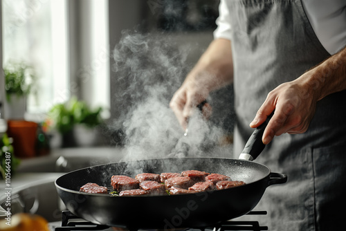 Fototapeta Naklejka Na Ścianę i Meble -  Man with grey apron roasting beef steaks on a kitchen grill. Cooking veal red meat in home.